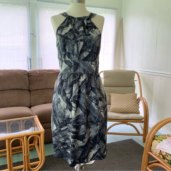 Martin+Osa gray silk abstract brush stroke print halter dress with pockets Sz 12 - Picture 1 of 6